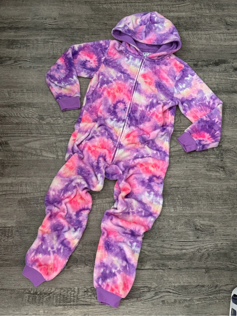 Childrens Place one-piece hooded tie dye print pajamas